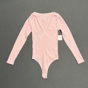 FREE PEOPLE Meg Seamless V-Neck Bodysuit Rose Blush Pink Size M-L Intimately